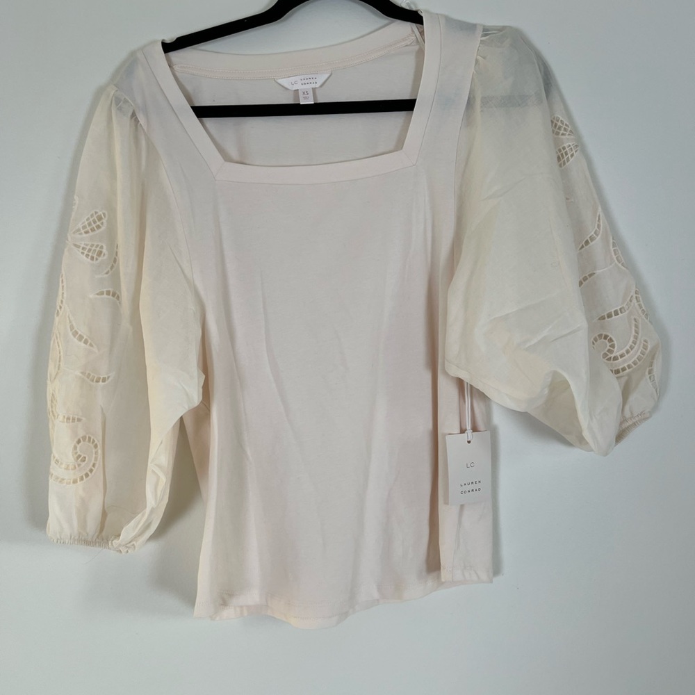 LC Lauren Conrad Cream Puff Sleeve Blouse Square Neck Eyelet sleeve